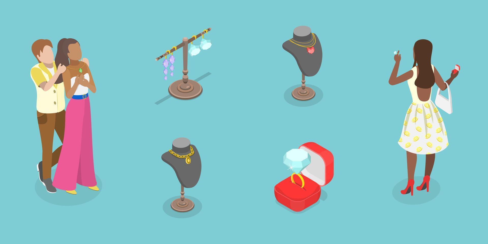3D Isometric Flat Illustration of Jewelry Shop, Precious Accessories vector