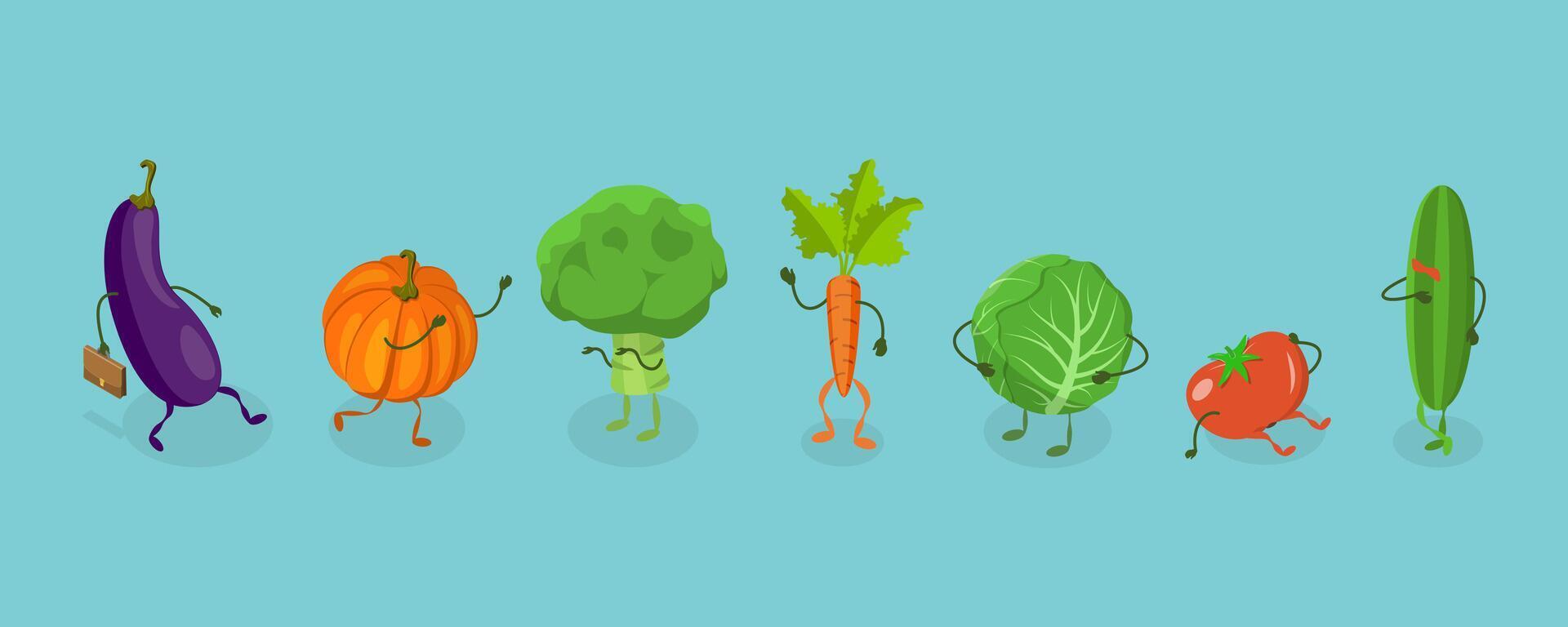 3D Isometric Flat Set of Cute Vegetables, Funny Food Characters vector