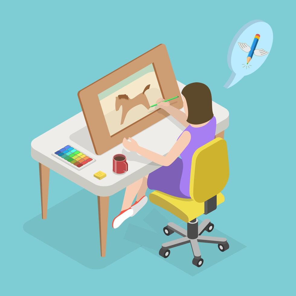 3D Isometric Flat Illustration of Creative Process, Designer Freelancer or Art Director vector