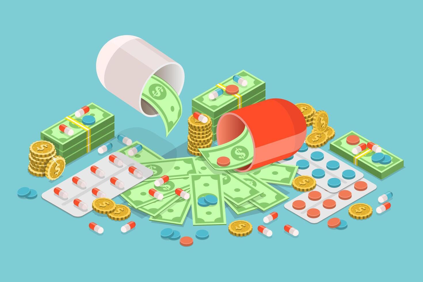3D Isometric Flat Illustration of Expensive Unaffordable Drugs, Health Care Costs vector