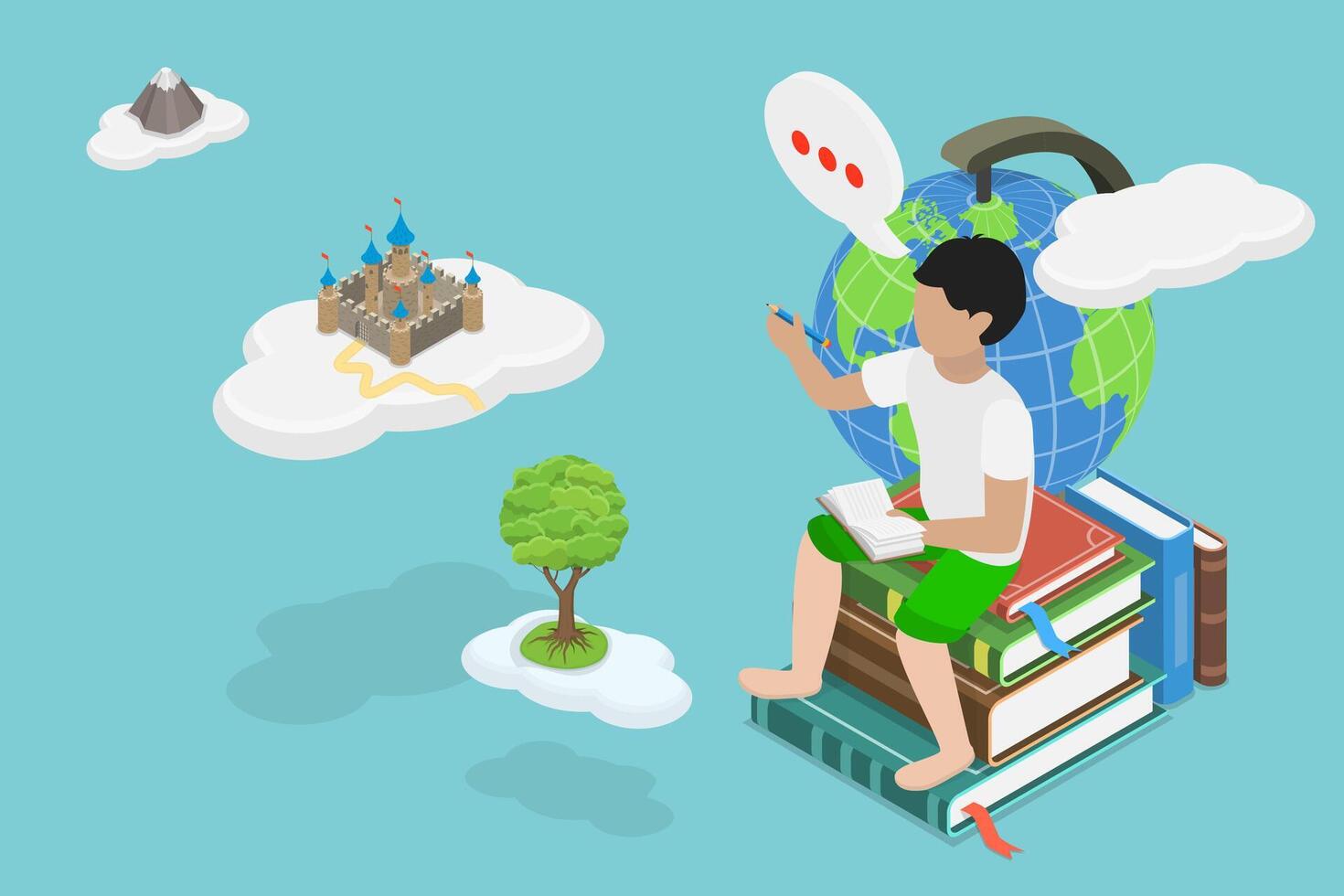 3D Isometric Flat Illustration of Literature Inspiration, Learning Wisdom and Exploring New Horizons vector