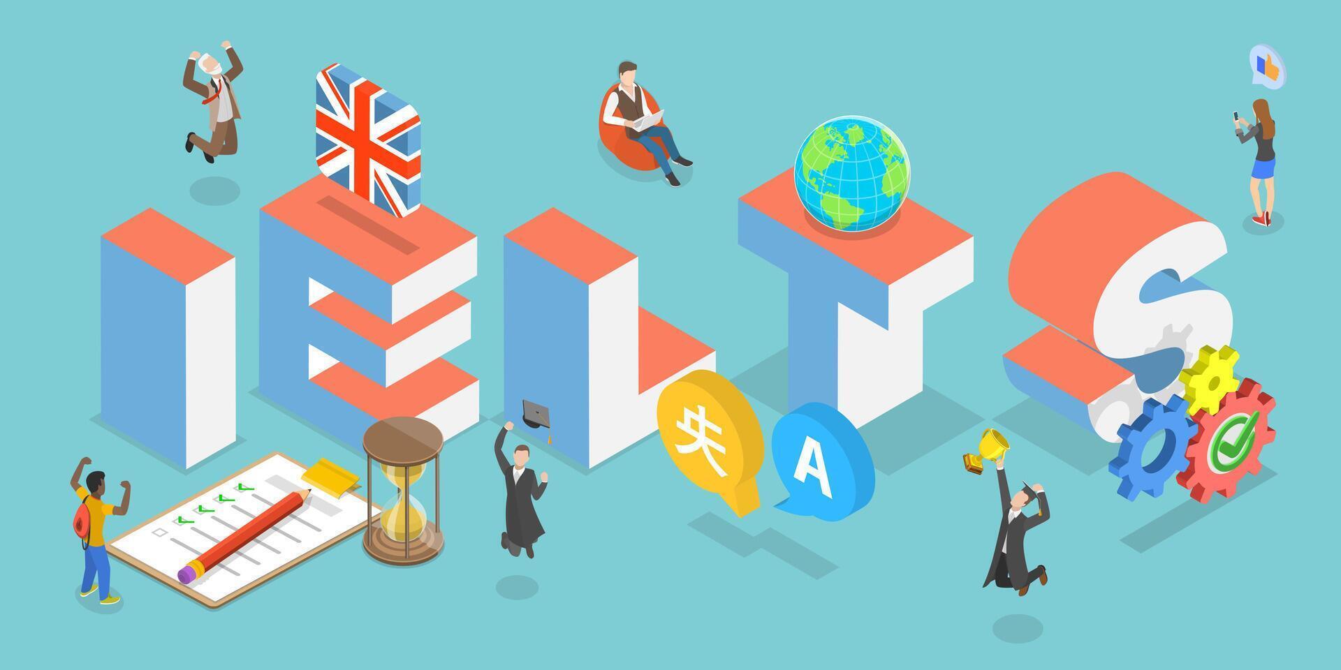 3D Isometric Flat Illustration of IELTS, International English Language Testing System vector