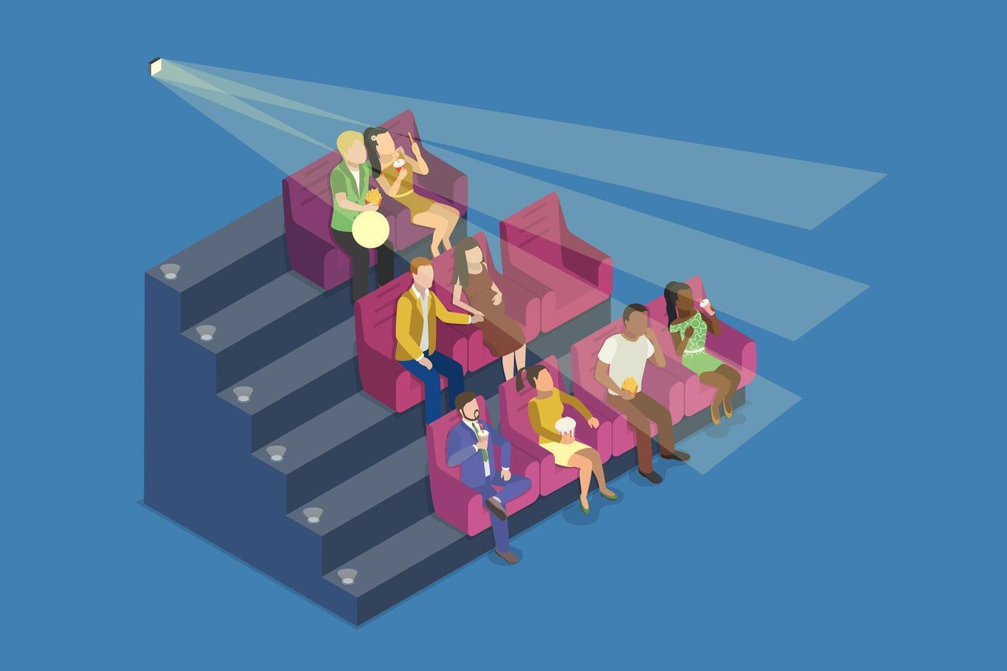 3D Isometric Flat Illustration of People Watching Movie, Cinema Theater vector