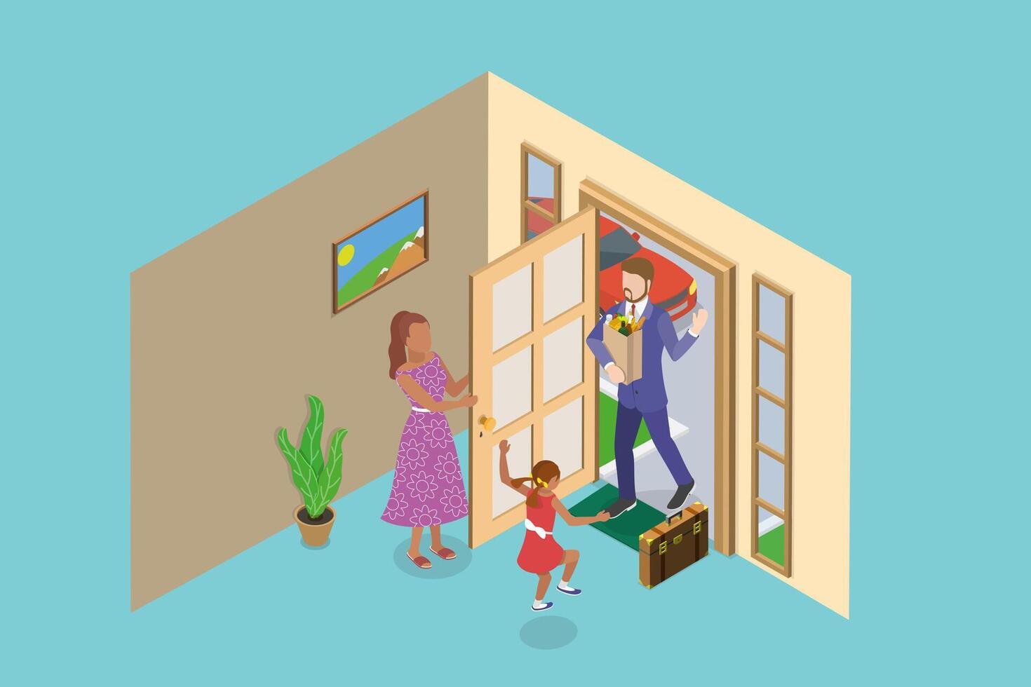3D Isometric Flat Illustration of Father Homecoming, Happy Family vector