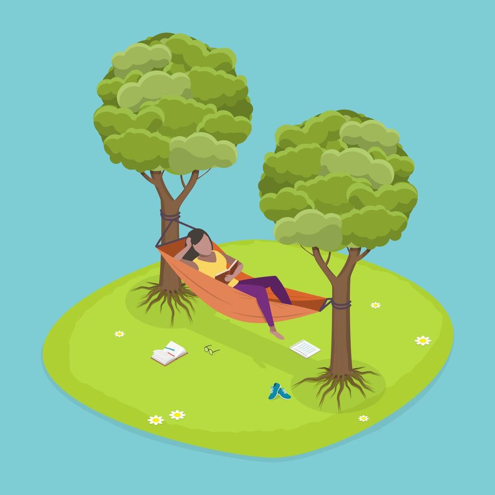 3D Isometric Flat Illustration of Relaxing Lying In Hammock, Having Rest and Enjoying Vacations vector