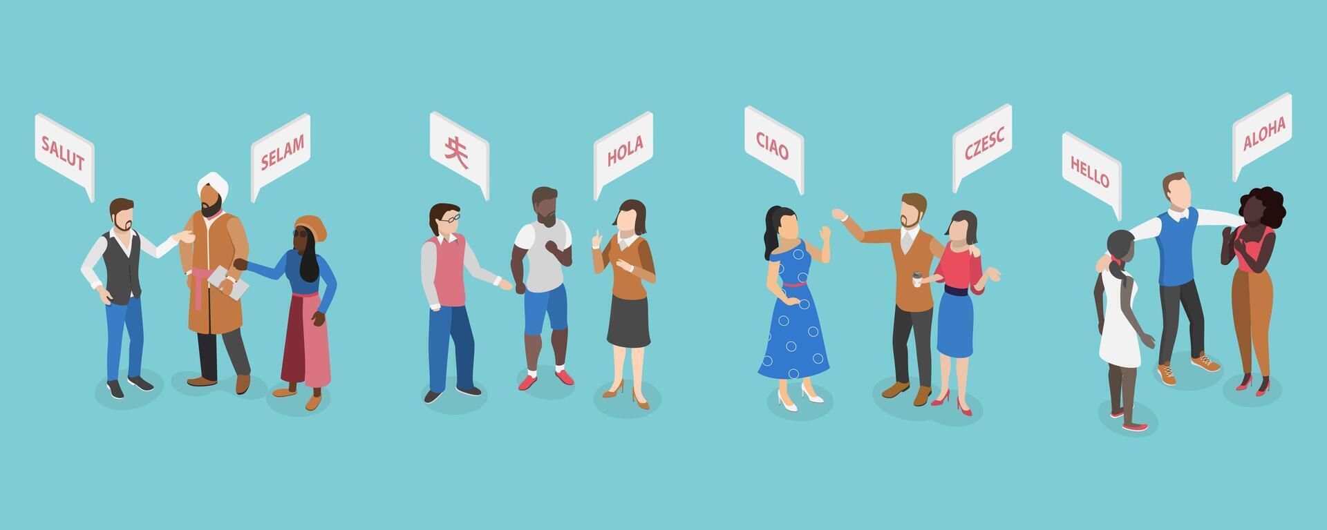3D Isometric Flat Illustration of International Communication, Culture and Language Diversity vector