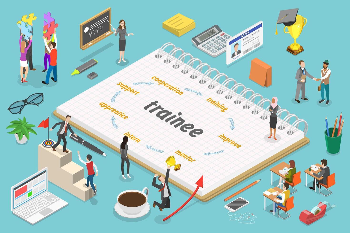 3D Isometric Flat Illustration of Trainee, Mentoring and Coaching as Personal Potential Progress vector