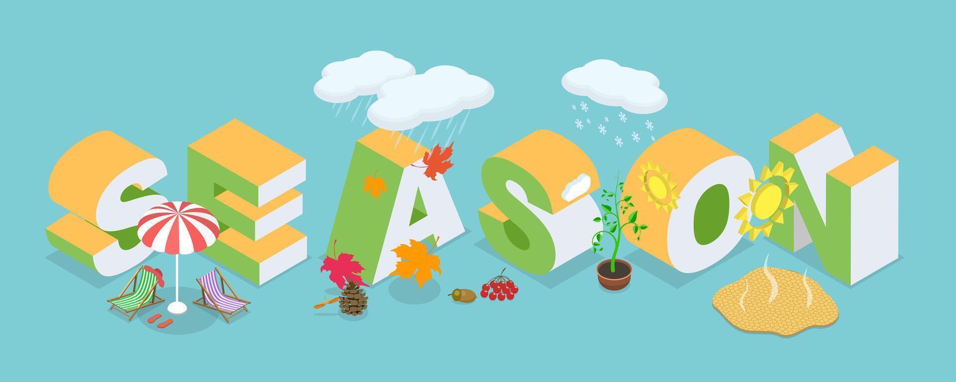 3D Isometric Flat Illustration of Seasons Banner, Spring, Summer, Autumn, Winter vector
