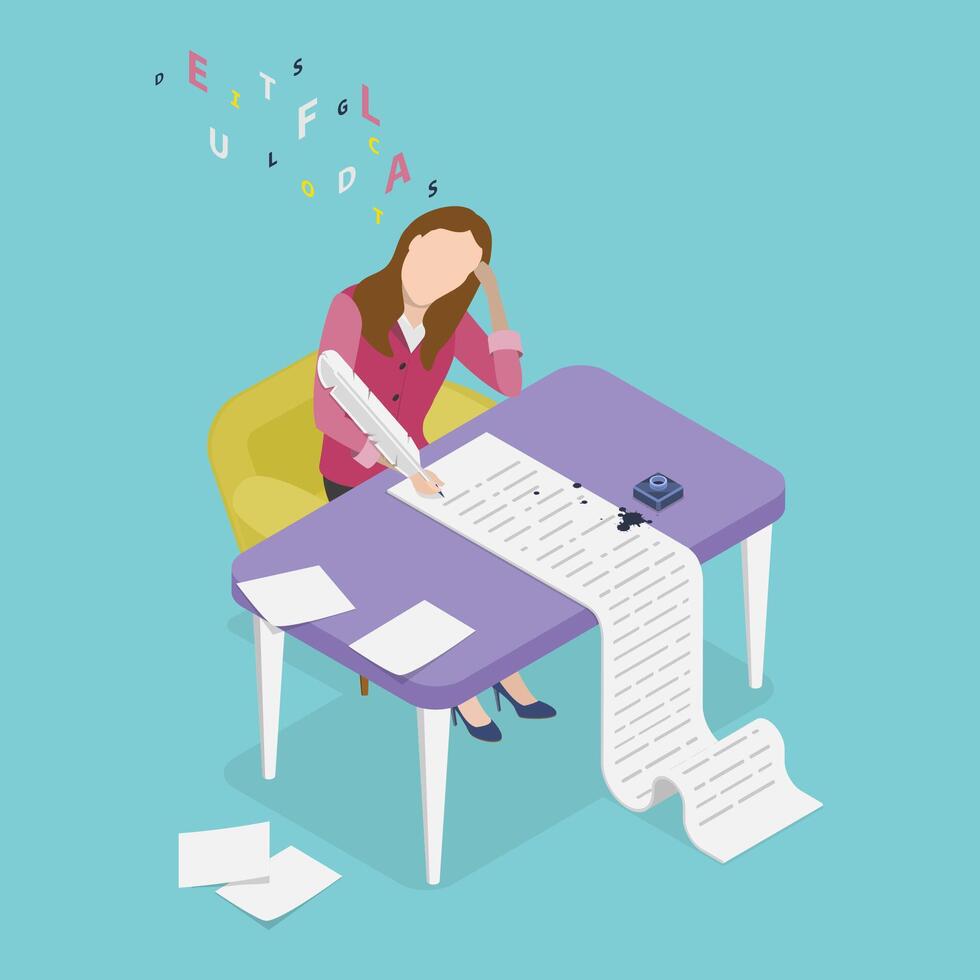 3D Isometric Flat Illustration of Creative Profession of Writer, Creativity and Literature vector