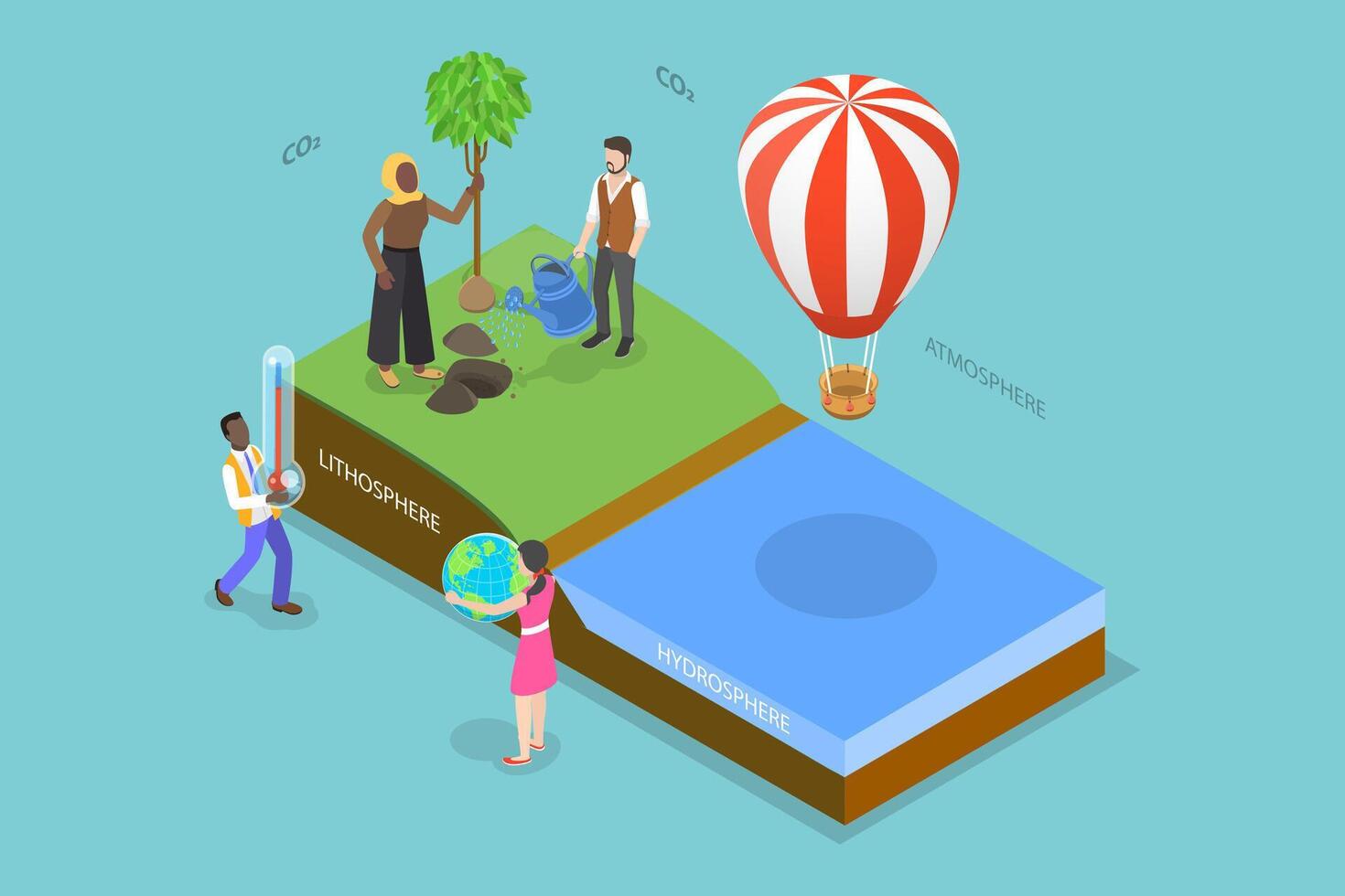 3D Isometric Flat Illustration of Earth Biosphere , Natural Ecosystems with Wildlife vector