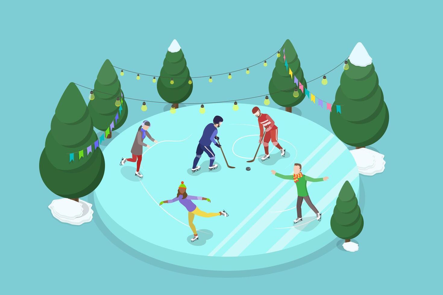 3D Isometric Flat Illustration of Family Skating And Playing Hockey, Winter Sport Activities vector