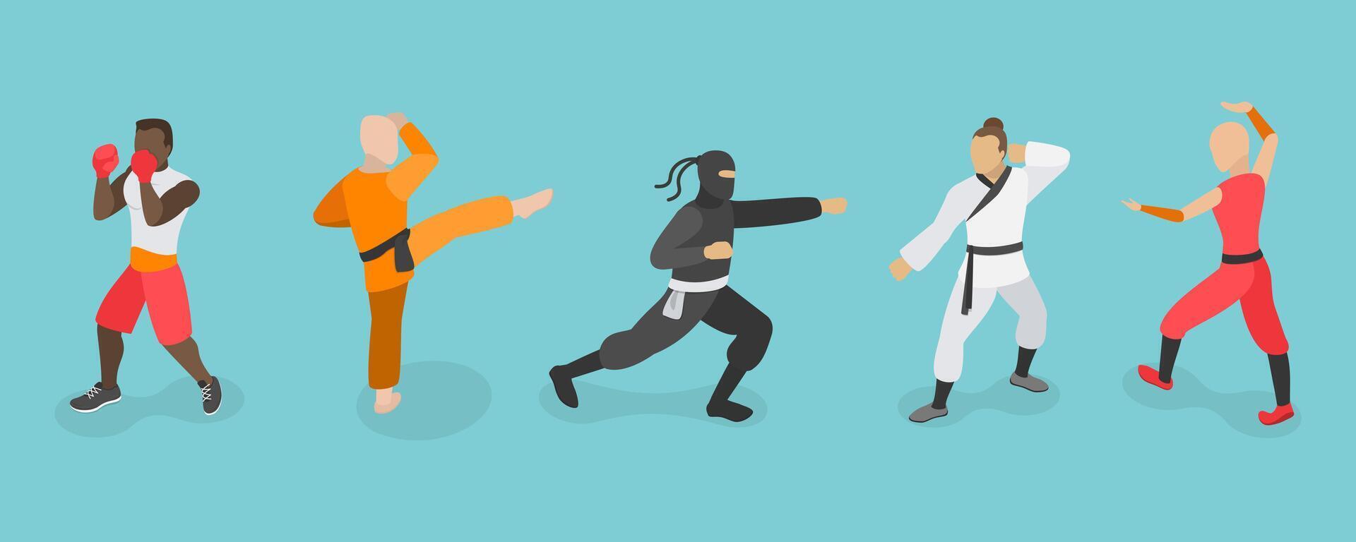 3D Isometric Flat Set of Martial Art Characters, Practicing Fighters vector