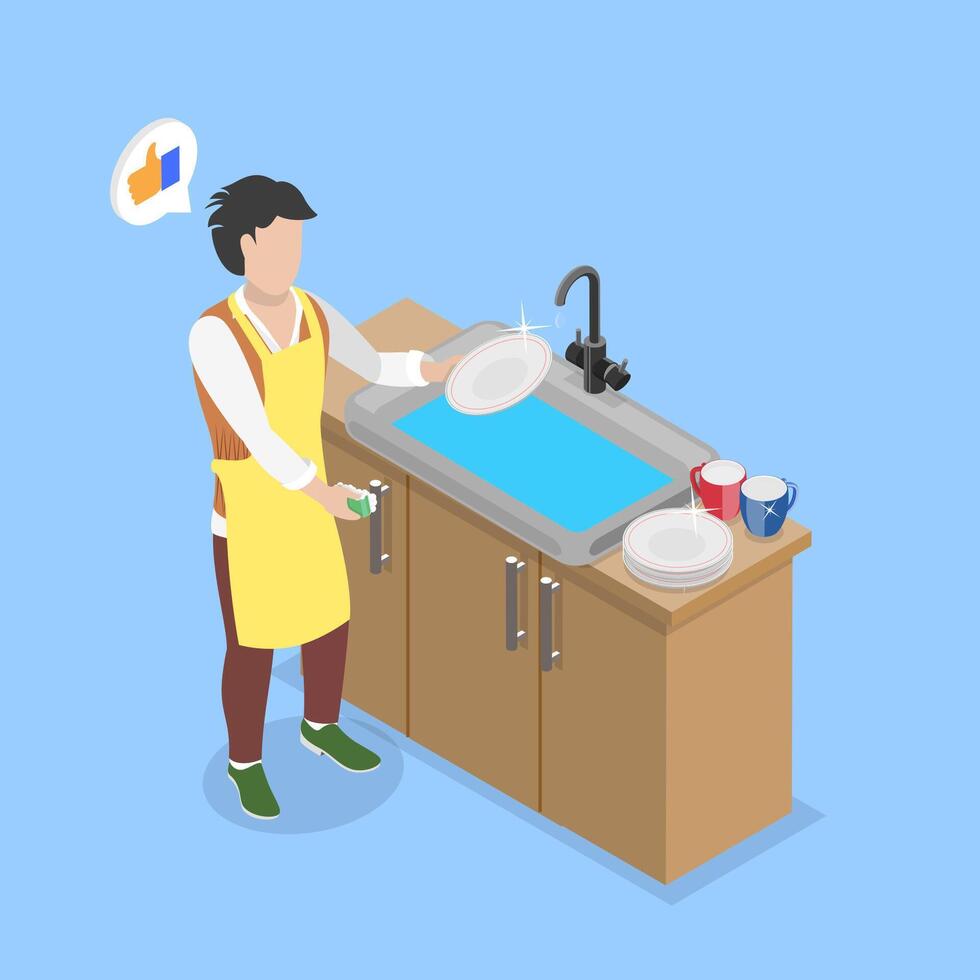 3D Isometric Flat Illustration of Housework, Housekeeping, Family Domestic Chores vector