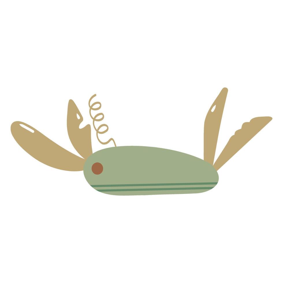 Green cartoon Swiss knife illustration, green multi-tool, multipurpose penknife. Multifunctional tool vector