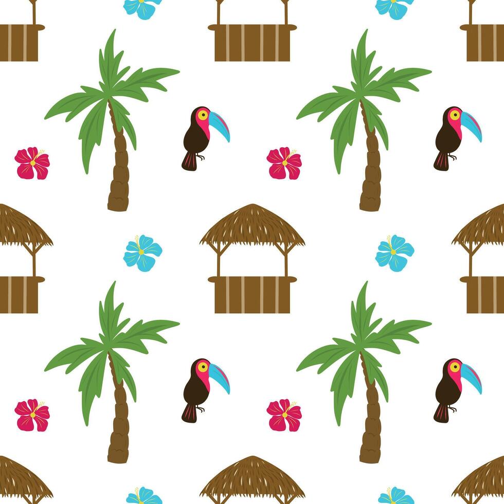 Tropical hand drawn seamless pattern. Palm tree, beach bar, toucan, flower. illustration in cartoon style. Tropical pattern. vector