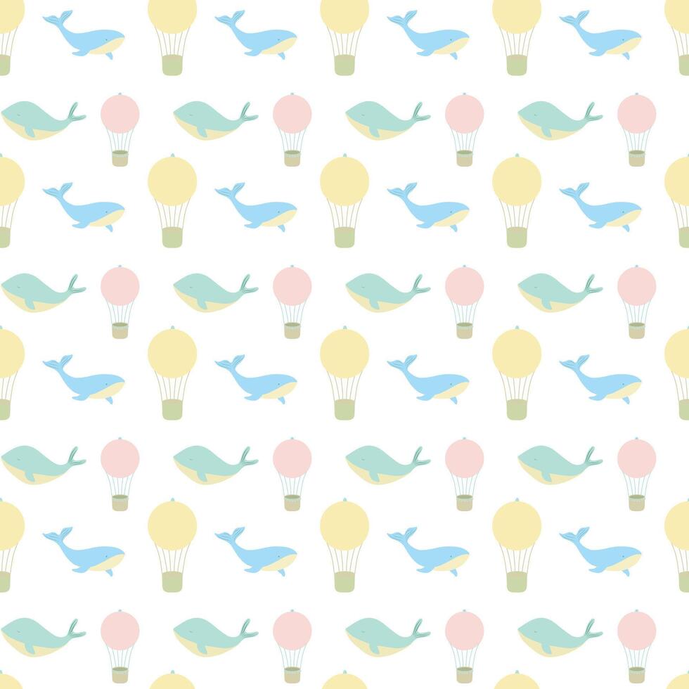 Seamless childish pattern with whales and hot air balloons. Baby seamless pattern in pastel colors vector