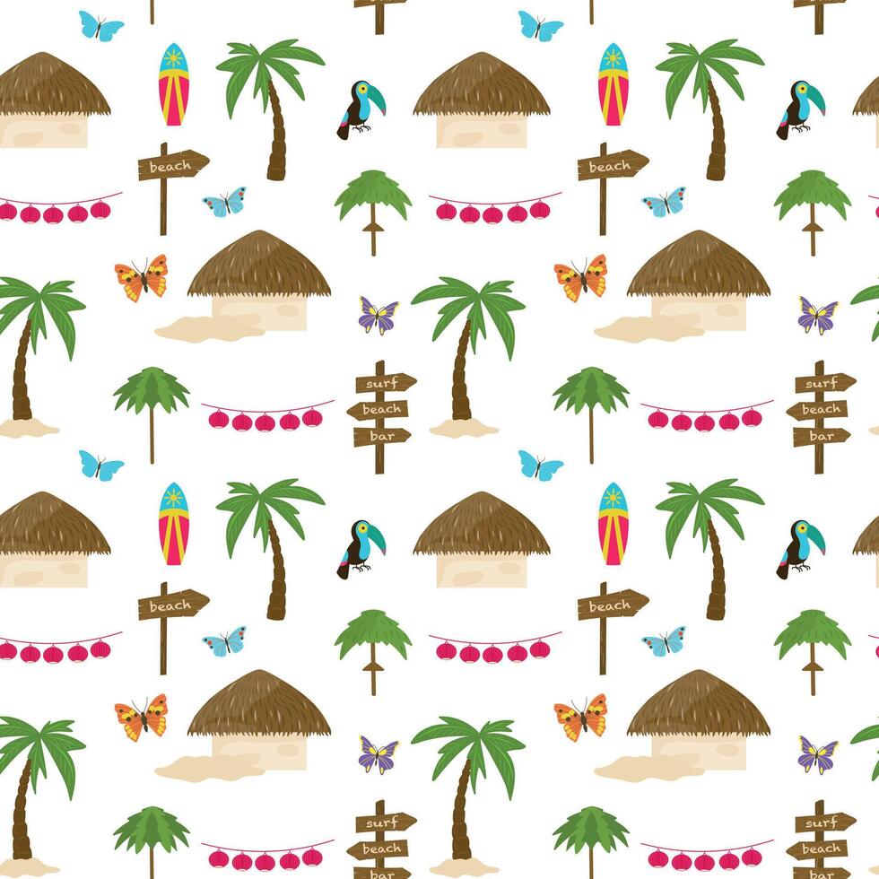 Tropical hand drawn seamless pattern. Palm tree, bungalow, toucan, surfboard, butterfly, wooden sign. illustration in cartoon style. Tropical pattern. vector