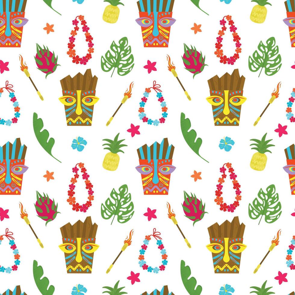 Tropical hand drawn seamless pattern. Tiki mask, leaves, lei necklace, pineapple, dragon fruit, fire wicks. illustration in cartoon style. Tropical pattern. vector