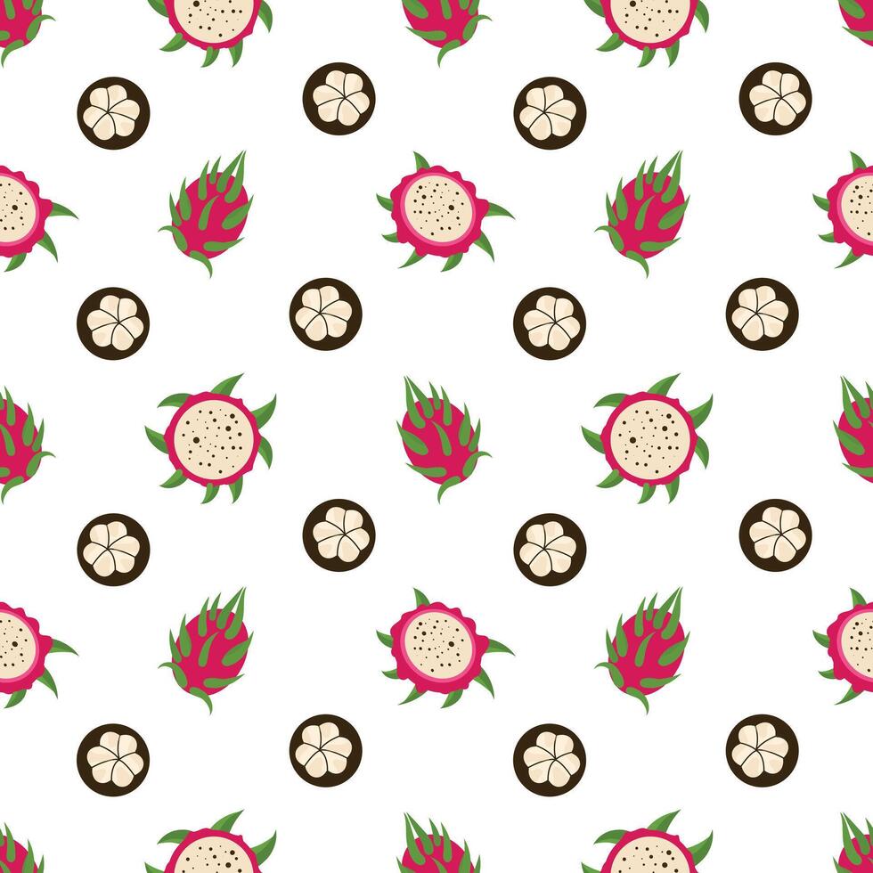 Mangosteen and dragon fruit seamless pattern, tropical fruits pattern. Pitaya, pitahaya vector