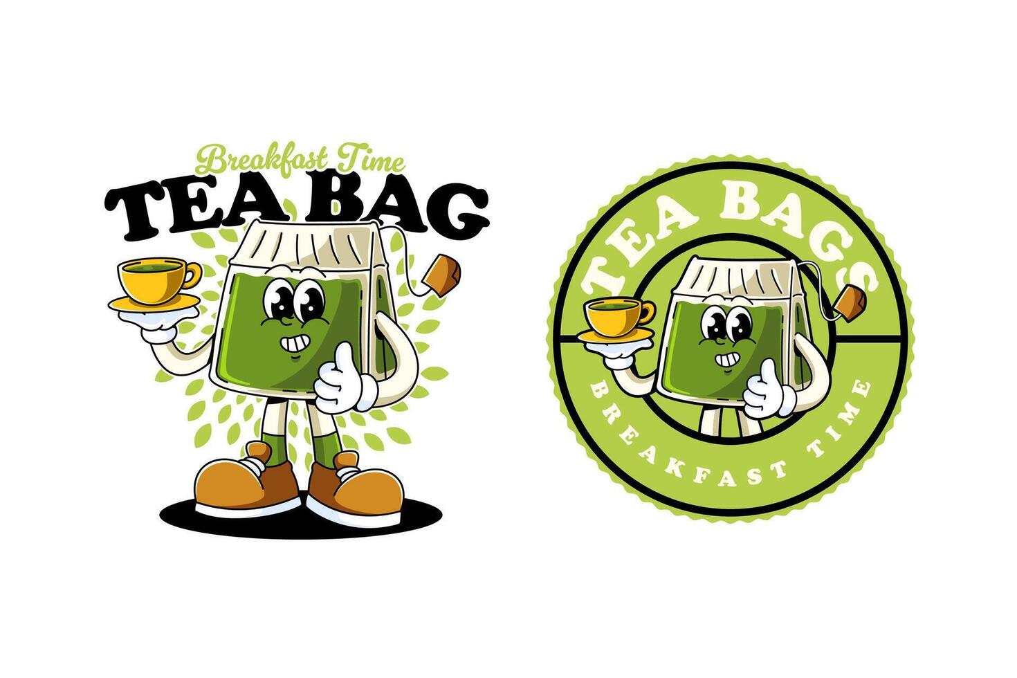 tea bag green tea retro cartoon character mascot illustration with standing pose and waving hand for herbal product, plantation, grocery, health food, cafes mascots and merchandise vector