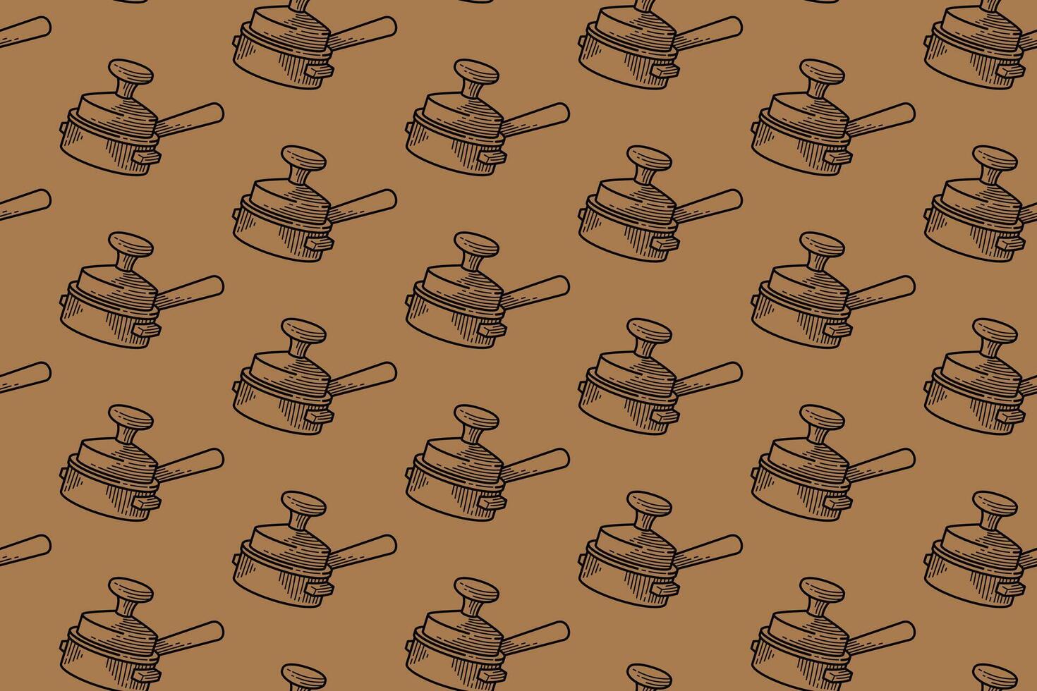 espresso tamper engraving line art seamless pattern on tan background. retro portafilter stemmed coffee hatching pattern wallpaper background for coffee shop, cafes, beverage, roastery merchandise vector