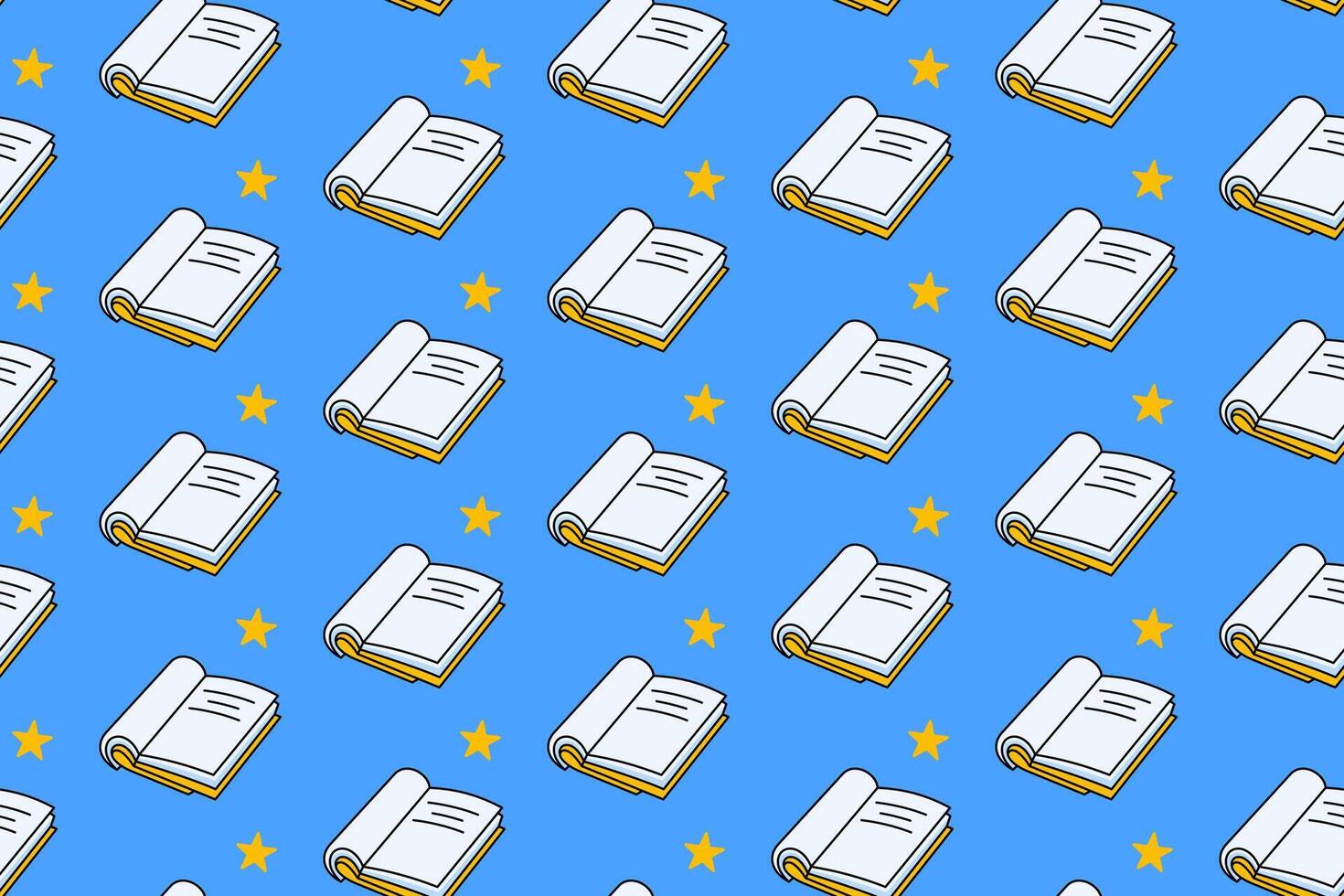 book opened with star school stationery colorful seamless pattern on blue background. book with stars doodle decoration pattern background kids, school, college, science vector