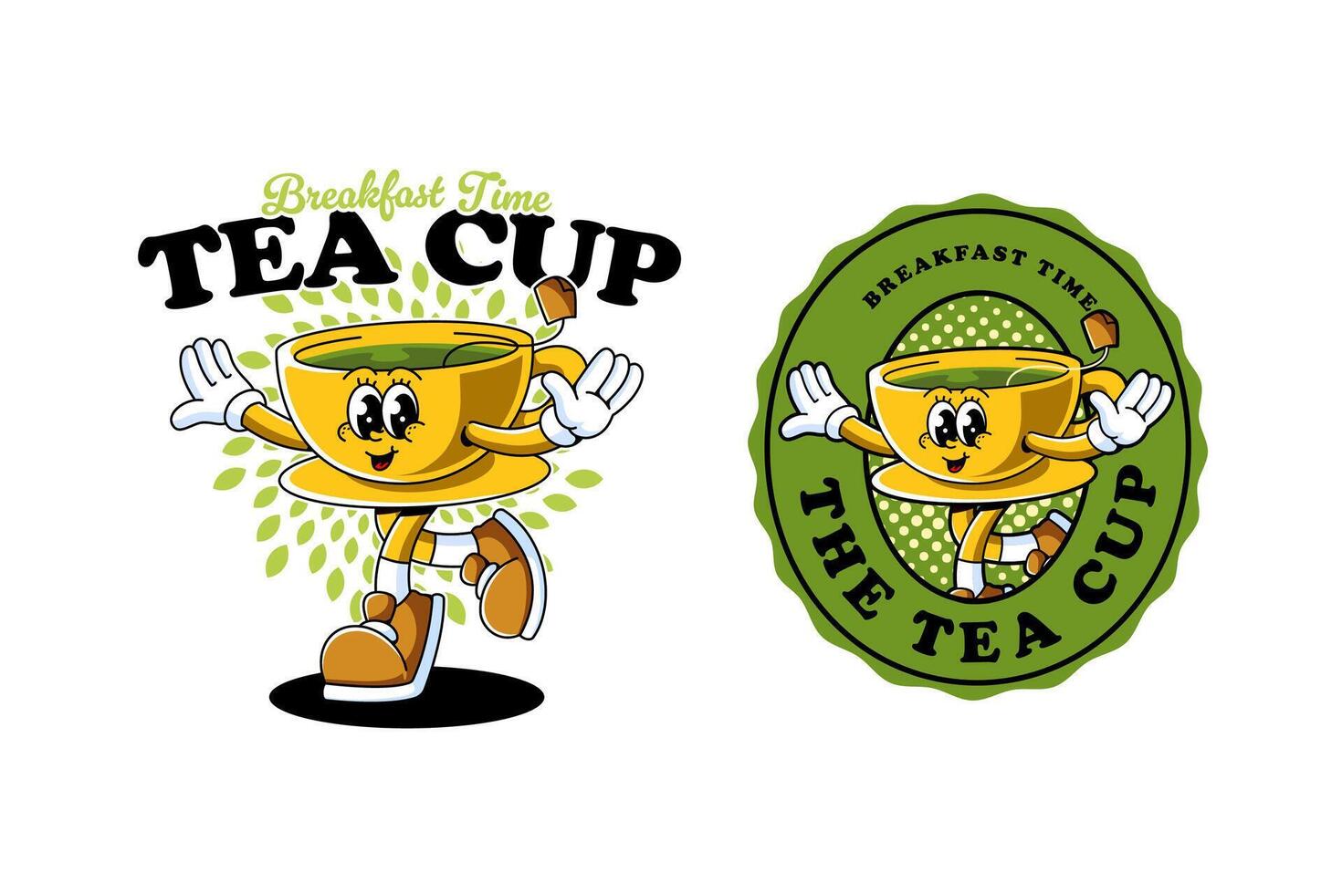 green tea cup with tea bag retro cartoon character mascot illustration with dancing pose and happy face for herbal product, plantation, grocery, health food, cafes mascots and merchandise vector
