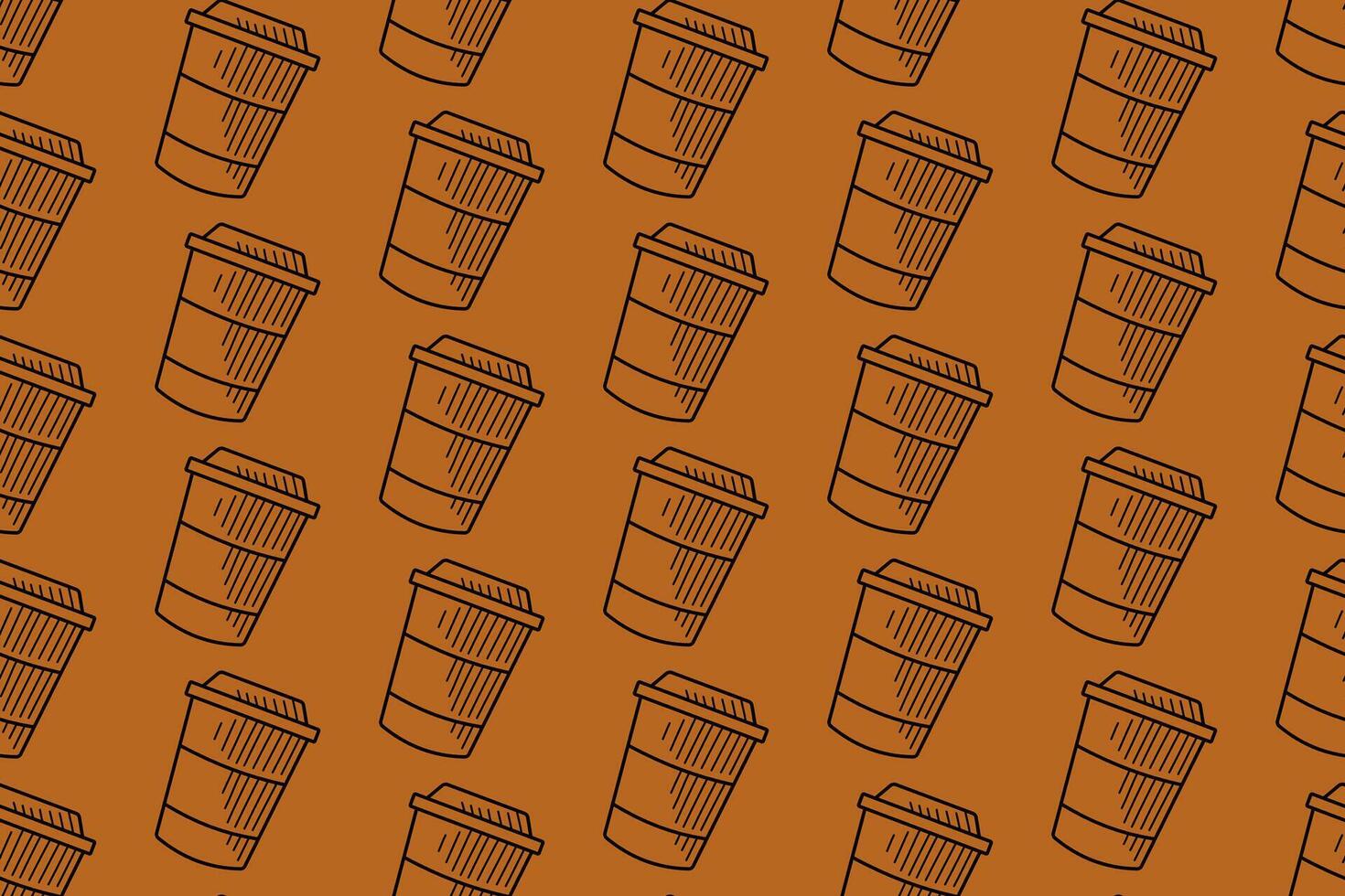 coffee paper cups engraving line art seamless pattern on tan background. retro cup of coffee hatching pattern wallpaper background for coffee shop, cafes, beverage, roastery, restaurant merchandise vector