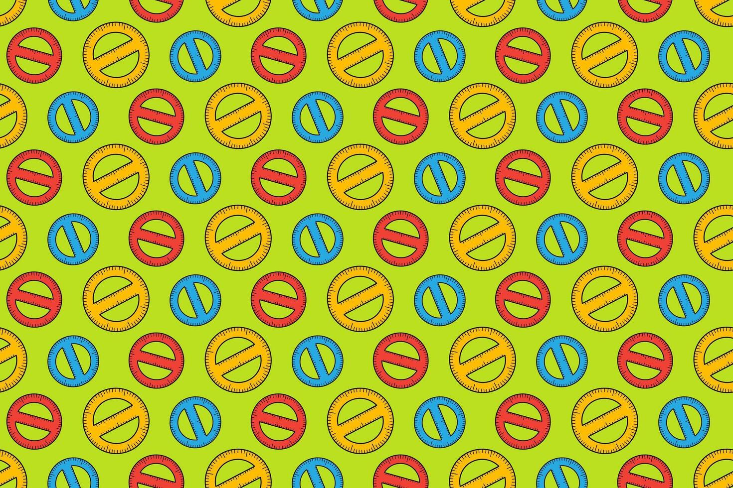rounded rulers school stationery colorful seamless pattern on yellow background. circle liner measuring tool doodle decoration pattern background kids, school, college, education, science merchandise vector