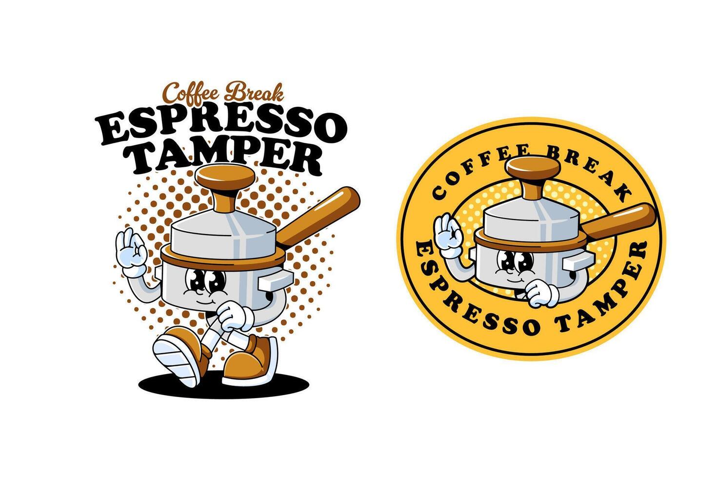 portafilter with espresso tamper retro cartoon character mascot illustration with walking pose and showing ok hand for coffee shop, cafes, beverage, barista, restaurant mascots and merchandise vector