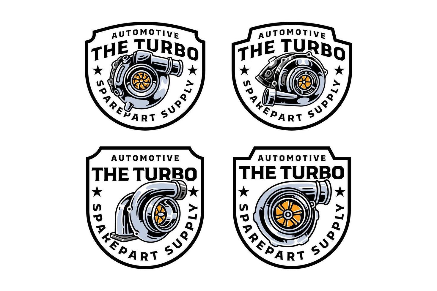 auto turbo charger air pressure to engine piston part badge logo design set for sport, automotive, garage, workshop, spare part, industry. car turbo charger illustration emblem logo designs. vector