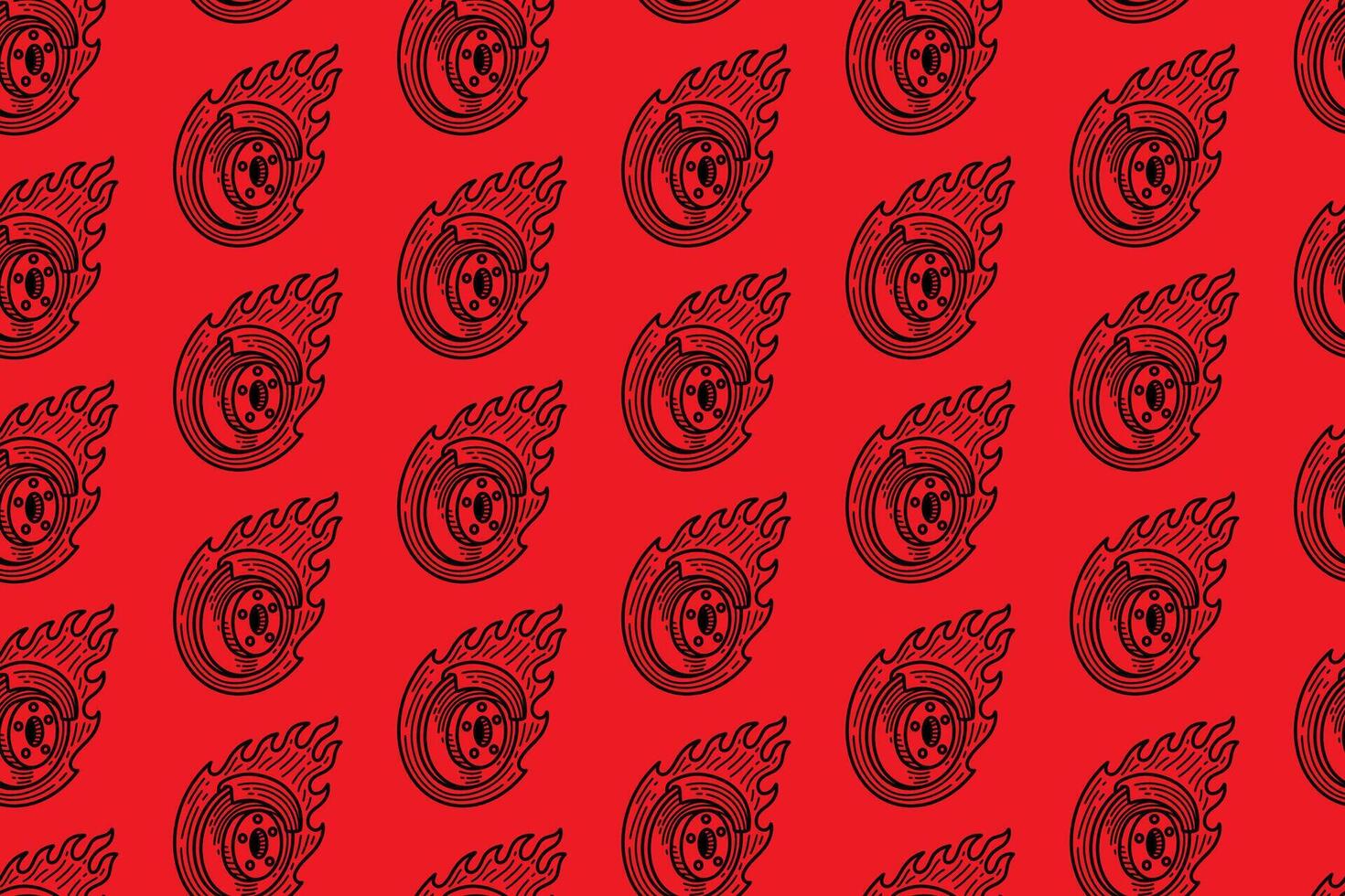 disc break on break caliper with fire engraving line art seamless pattern on red background. retro breaking system hatching pattern wallpaper for sport, automotive, garage, spare part, industry vector