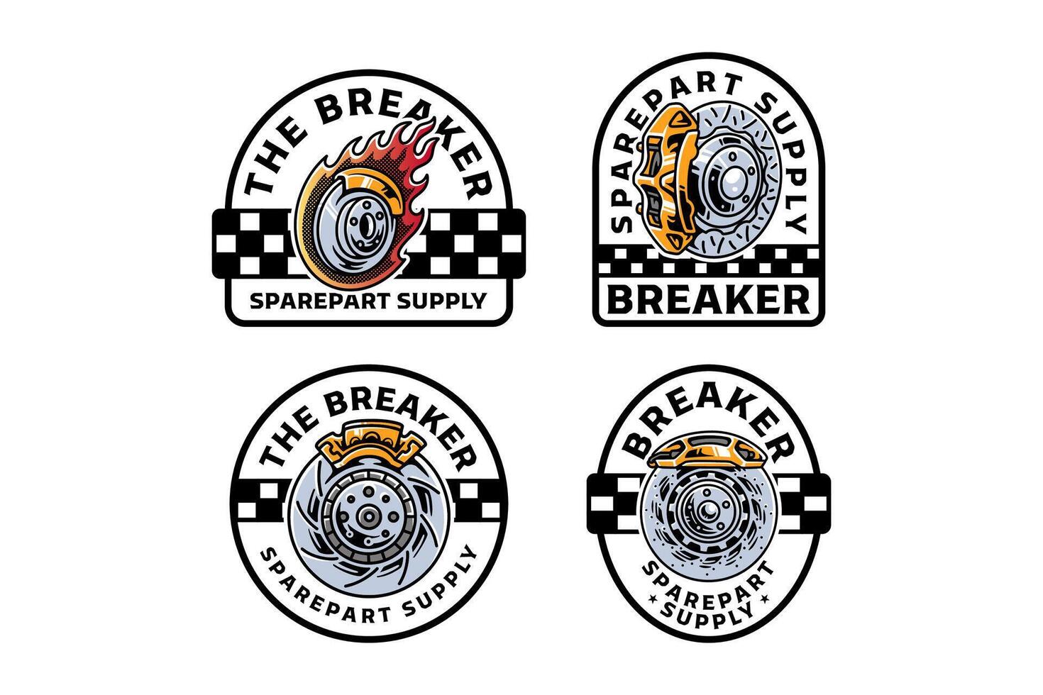 break caliper on disc break with fire flaming badge logo design set for sport, automotive, garage, workshop, spare part, industry. breaking system car illustration emblem logo designs. vector