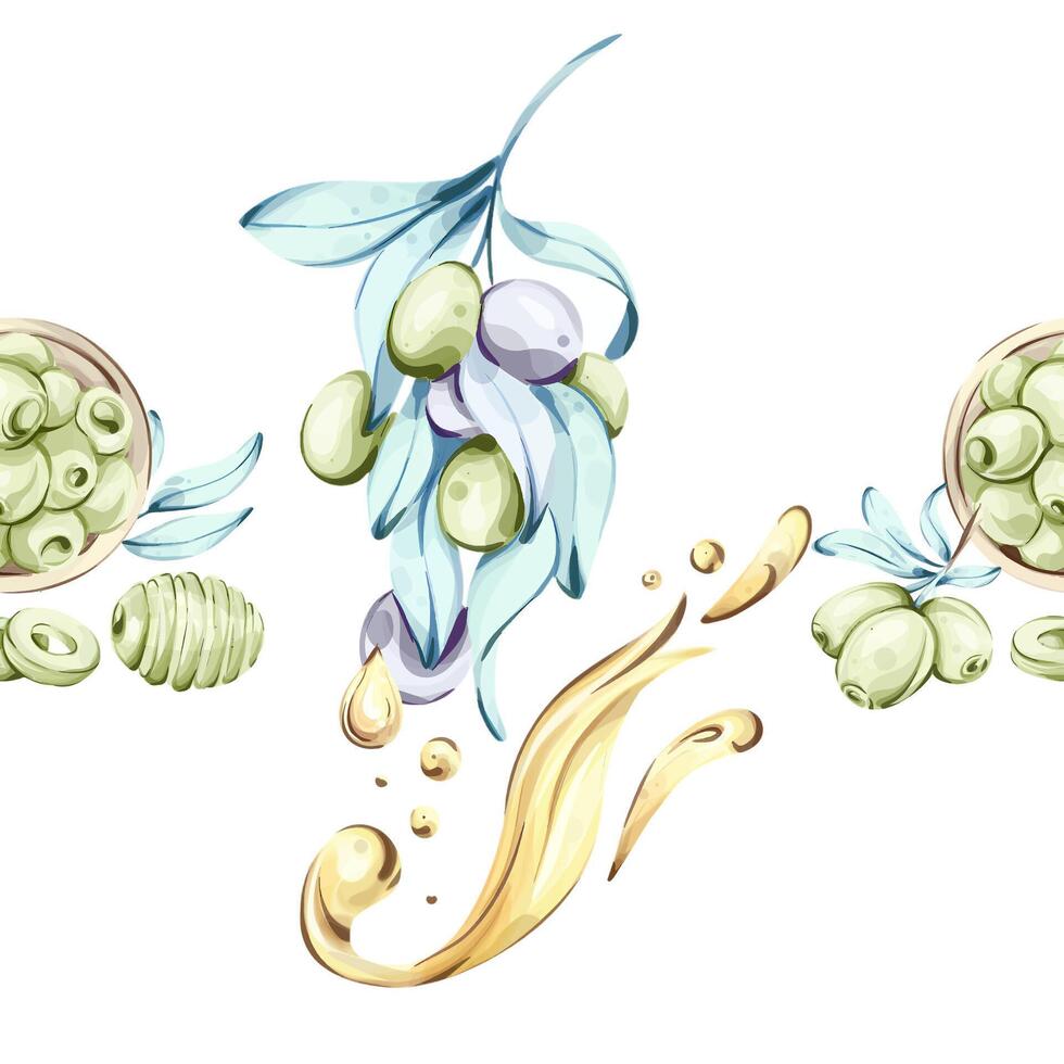 Depicting a harmonious arrangement of olives intertwined with olive oil droplets this artwork captures the essence of Italian cuisine through watercolor technique. vector