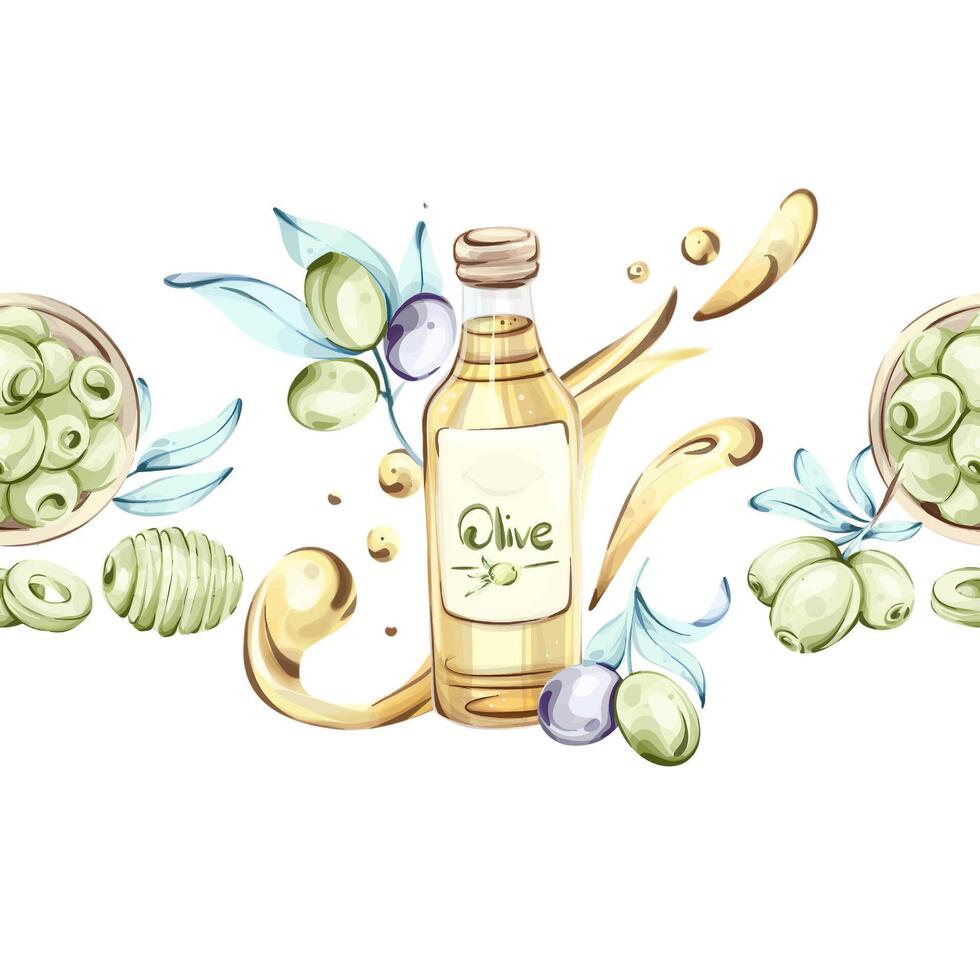 This artwork features a vibrant arrangement of olives and a bottle of olive oil beautifully capturing elements of Italian cuisine. The watercolor effect highlights the natural beauty of the olives and oil combining culinary art with nature. vector