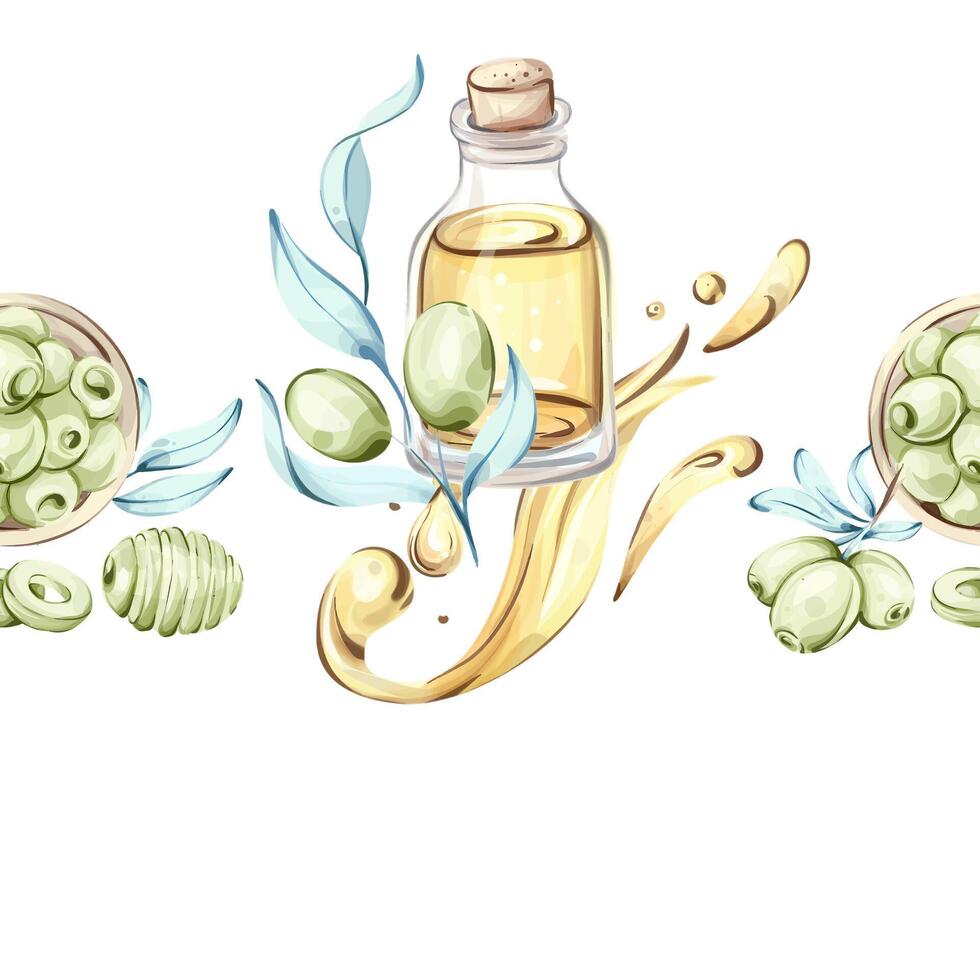 This watercolor illustration features a seamless pattern of olives and a bottle of olive oil celebrating the essence of Italian cuisine and nutrition. vector