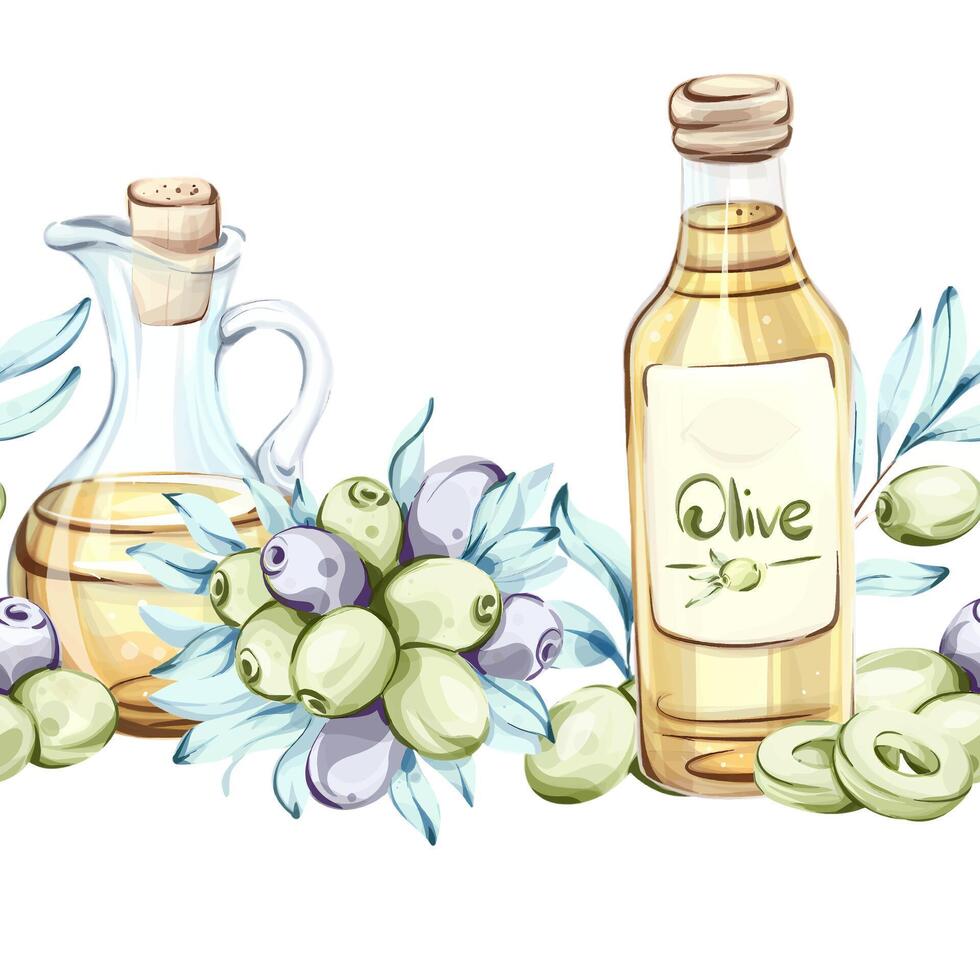 This collection features a charming series of watercolor illustrations depicting olives and olive oil. The vibrant colors capture the essence of Italian cuisine highlighting natures beauty and the importance of healthy nutrition. vector