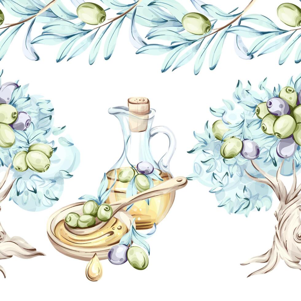 This vibrant watercolor illustration features a delightful arrangement of olives and olive oil. The intricate design highlights elements of Italian cuisine showcasing the natural beauty of olives and their production. vector
