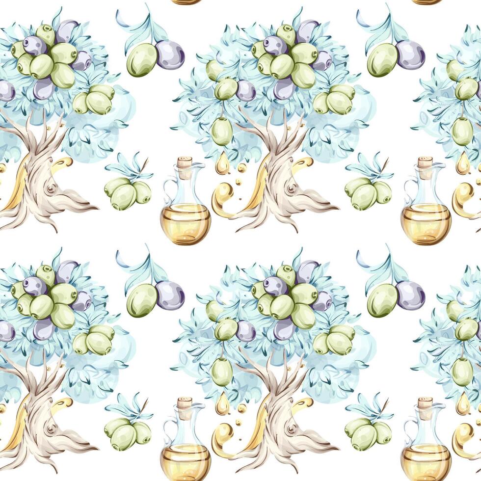 This seamless pattern features a whimsical watercolor depiction of olives olive oil and olive trees highlighting the rich connections between nature and Italian cooking traditions vector