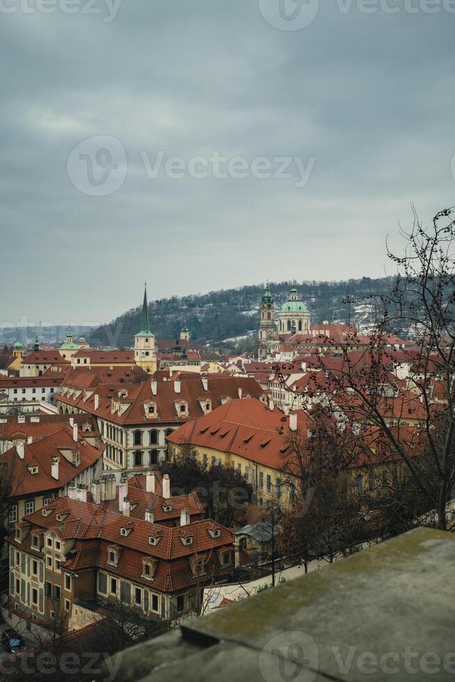 Top View Of Prague With Mountain Background photo