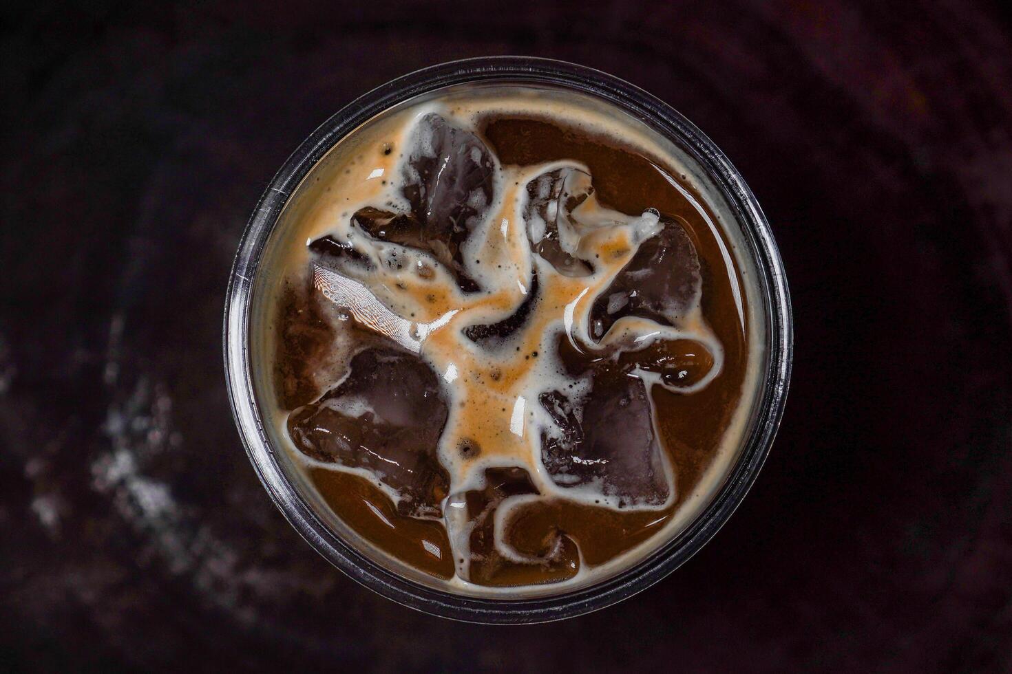 an iced coffee with ice and caramel photo
