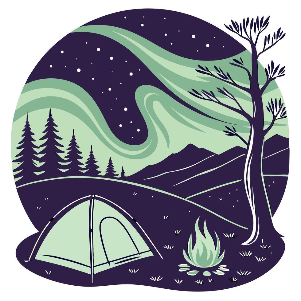 Camping in wild with tent and stunning aurora light at night. vector