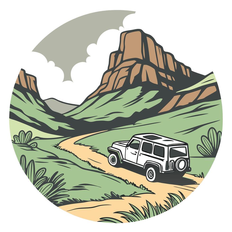 Off road adventure travel panoramic landscape mountain and car vector