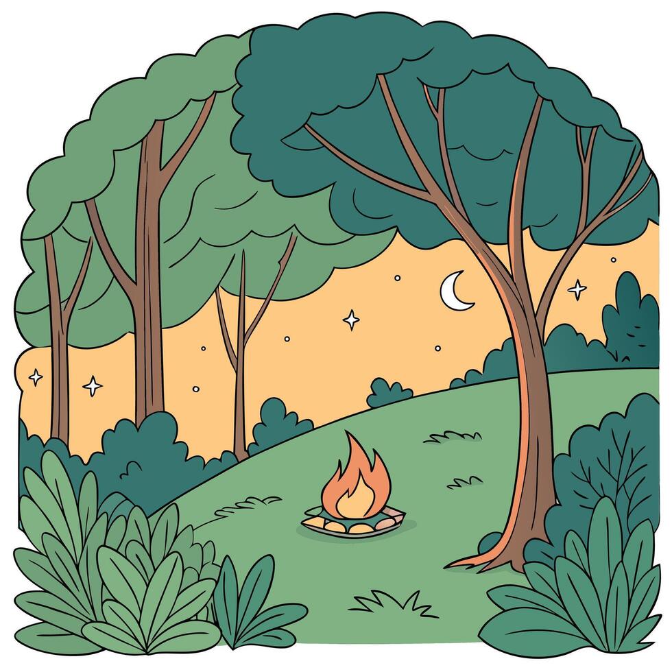 A peaceful view of campfire in a lush green forest in the evening vector