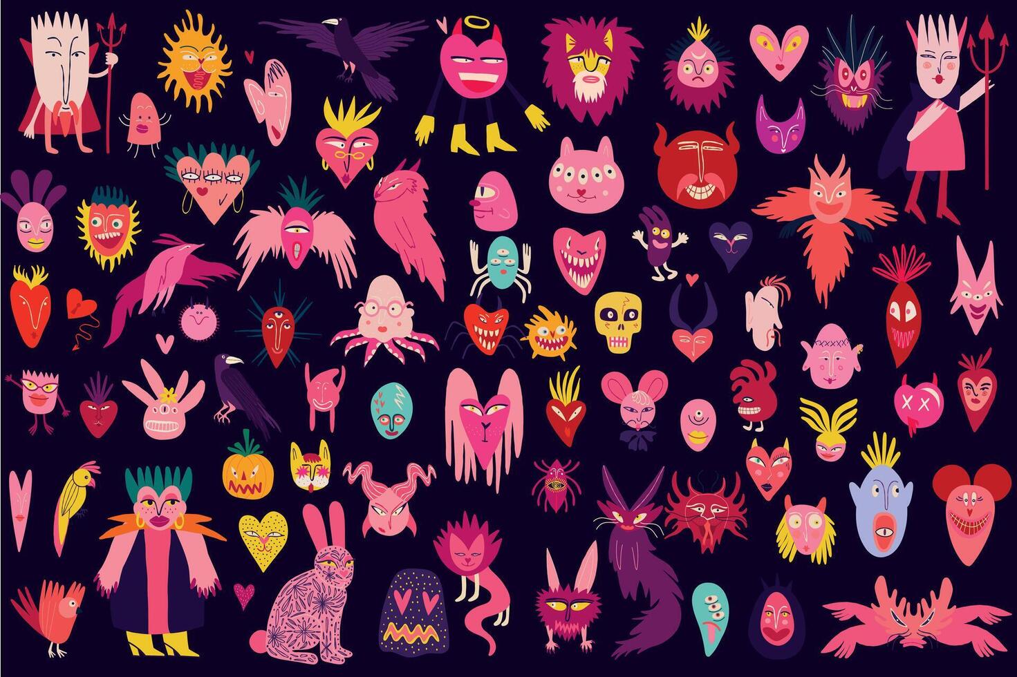 Vibrant Strange ugly Halloween characters.Cute bizarre comic characters in modern flat hand drawn style vector