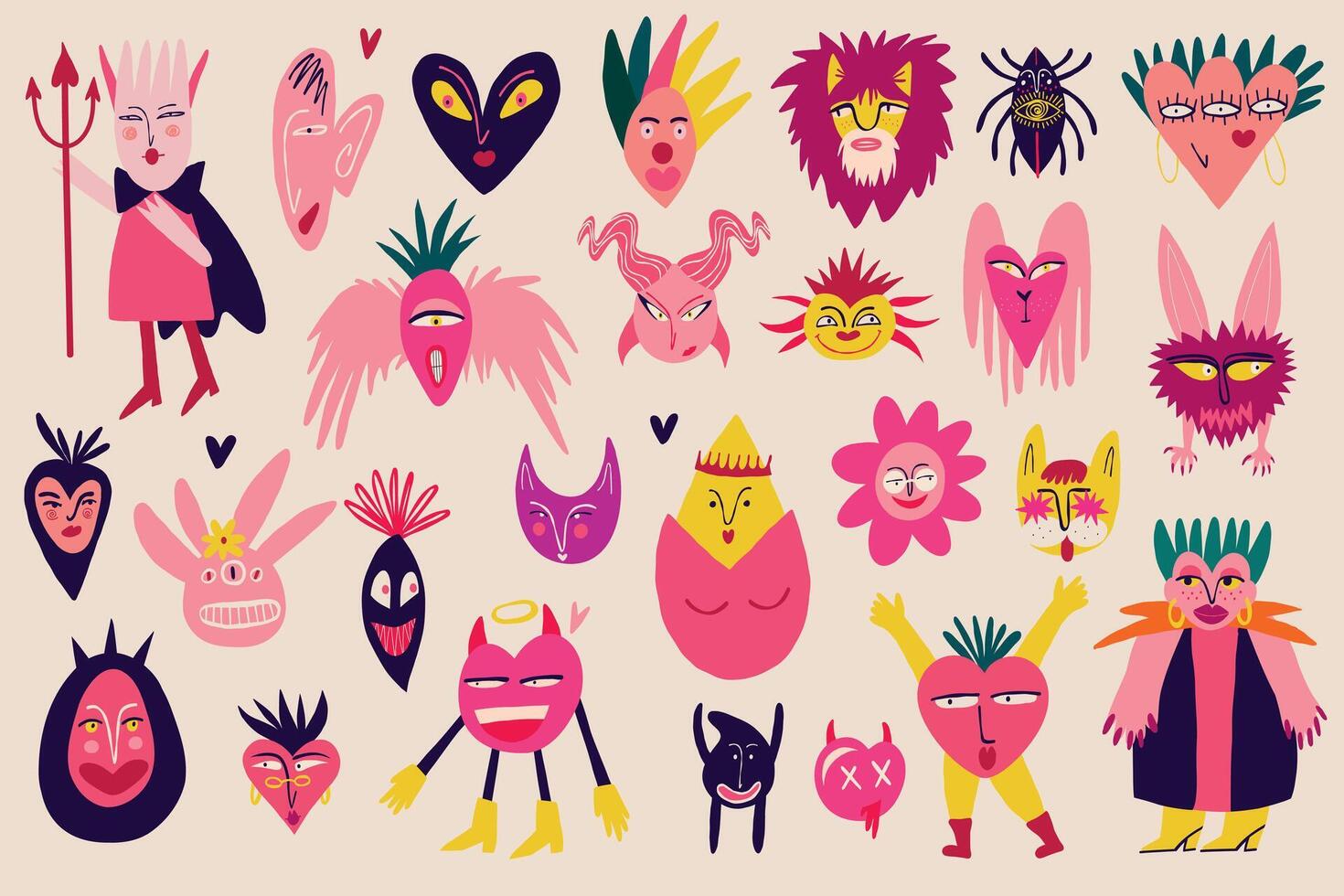Vibrant bright Strange ugly Halloween characters. Cute bizarre characters in modern flat hand drawn style vector