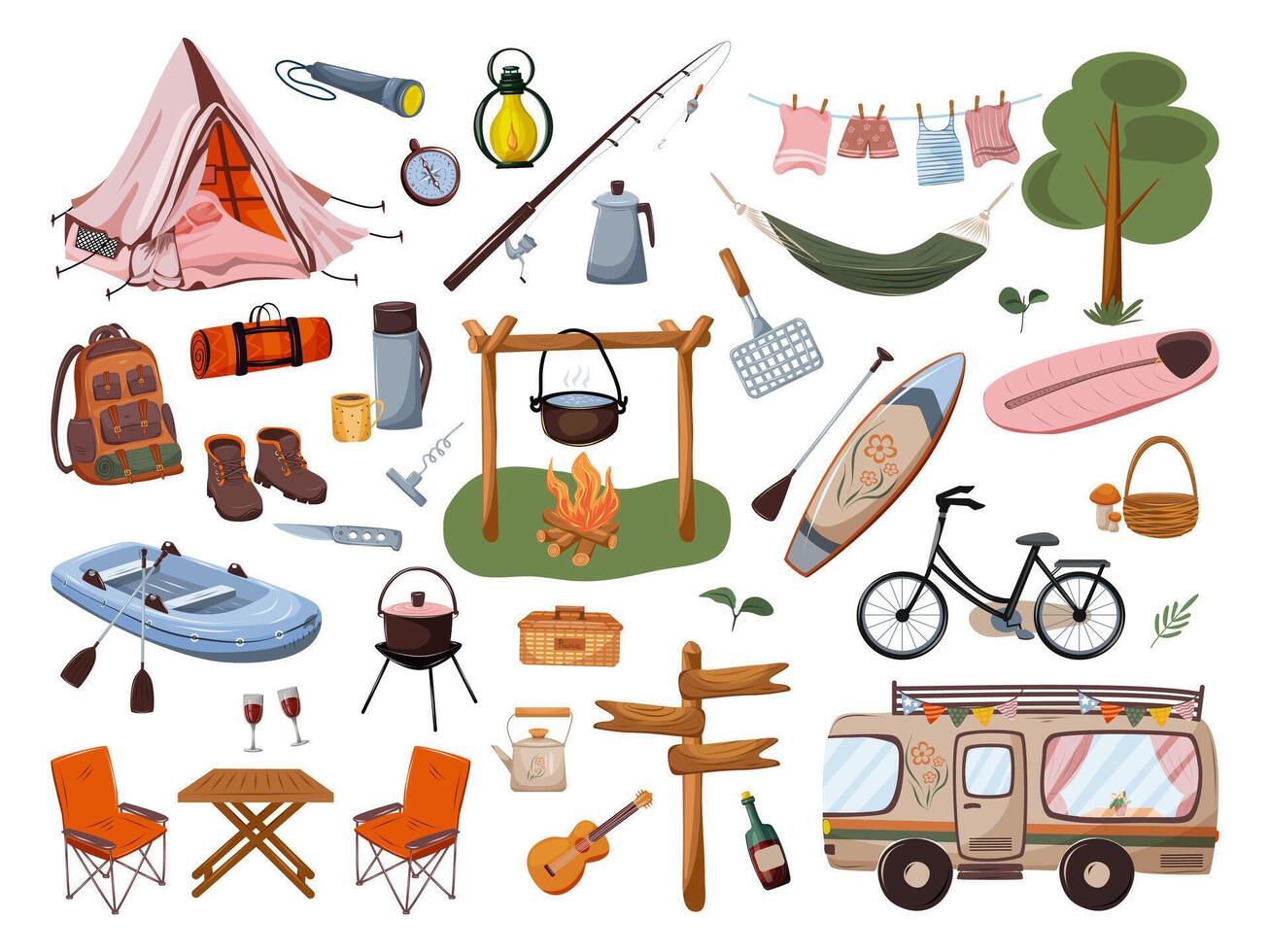 Aesthetic camping set. Equipment and transport for summer camp or hiking. illustration on white background. vector