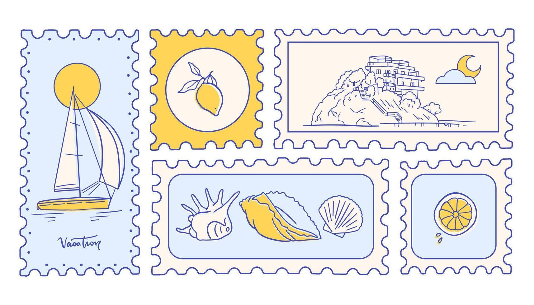 Post marks set with Summer in Italy. Amalfi. Hand drawn illustration of postage stamps with image of Italian coast, seashells, yacht and lemons drawing. Mediterranean vacation post cards. vector