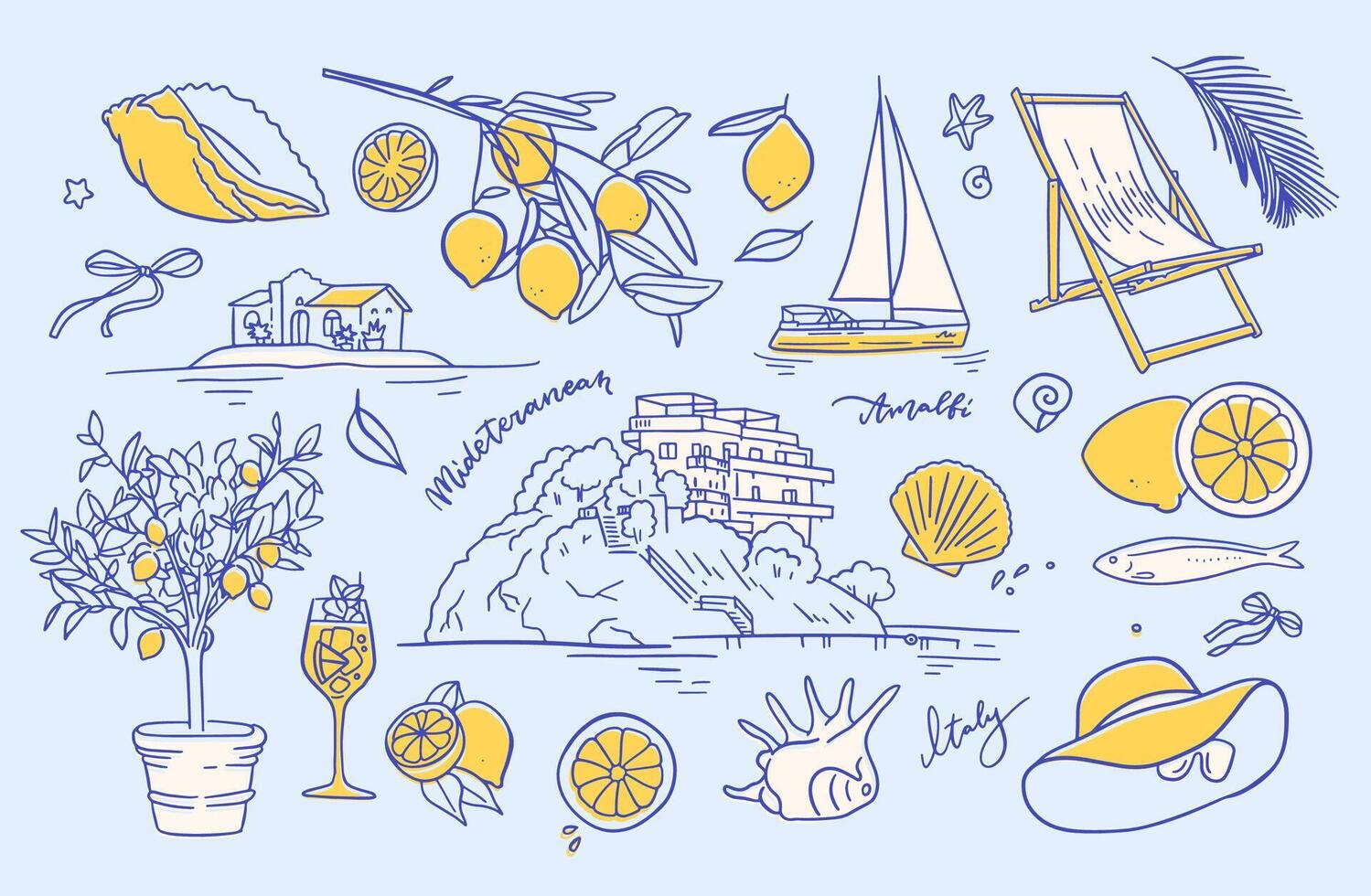 Summer vacation contour elements set, hand drawn linear Italian coast sea print, beach lounge. Yellow lemonade, citrus, seafood, , boat, shell, lemon tree. illustration. vector