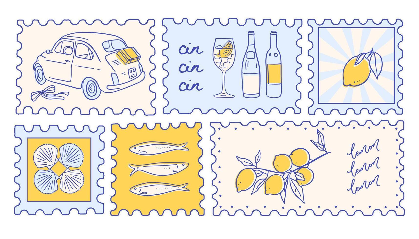 Vintage Italian postcard stamps set, wall art grunge travel marks, summer engraving placard or poster. Retro frame or border element design, elegant scenes of amalfi badge with lemons. vector